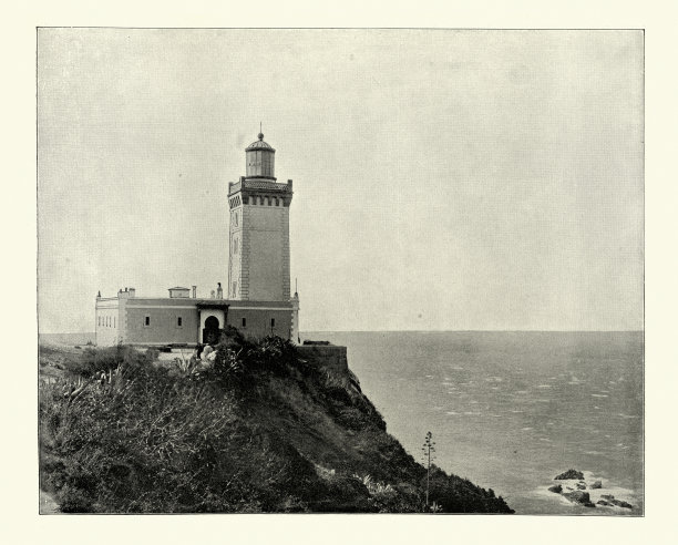 斯巴达角灯塔，丹吉尔，在直布罗陀海峡入口，Vinatge照片19世纪图片下载