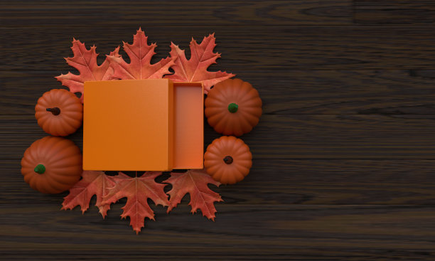 叶盒南瓜橙黄色木橡木背景壁纸复制空间秋天秋天感恩节季节广告销售营销客户产品蔬菜横幅卡片传统框架图片下载