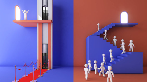 普通人必须与有钱有势的人竞争，因为他们有更大的成功机会。贫穷的经济和社会，不平等，3d渲染图片下载