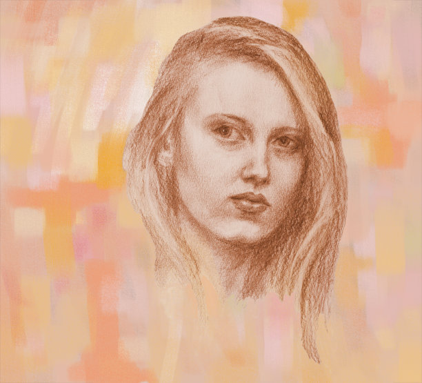 时尚的秋天插图寓言艺术作品印象派绘画粉彩棕褐色印象派绘画水平的形象的象征性肖像一个年轻美丽温柔的女人有长长的金发在一个抽象的背景在沙金色棕褐色调图片下载