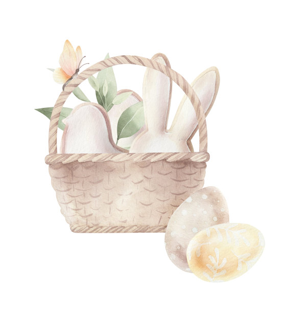 水彩画与复活节饼干和鸡蛋。图片下载