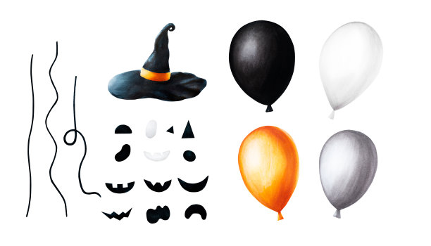 水彩。你可以创建自己的气球与万圣节可怕的脸在一串手绘橙色，黑色，白色的气球素描孤立在白色的背景。用于设计师，装饰，商店，用于明信片，包装纸，封面。对于海报和图片下载