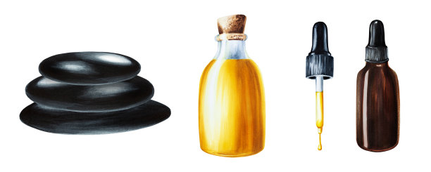 水彩画集与黑色温泉禅宗石头金字塔，油玻璃瓶与软木盖和精油隔离在白色背景。美容产品及植物元素、美容及医药。适用于设计师、spa装饰、明信片、包装纸、scra图片下载