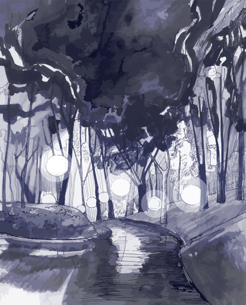 墨水笔。公园景观，插画图片下载