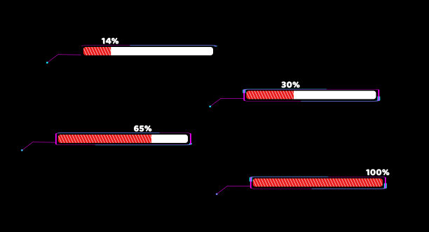 带有标注和加载条的进度条动画，在红白填充色调中，在黑屏上显示数字和14%到100%的文本运动图片下载