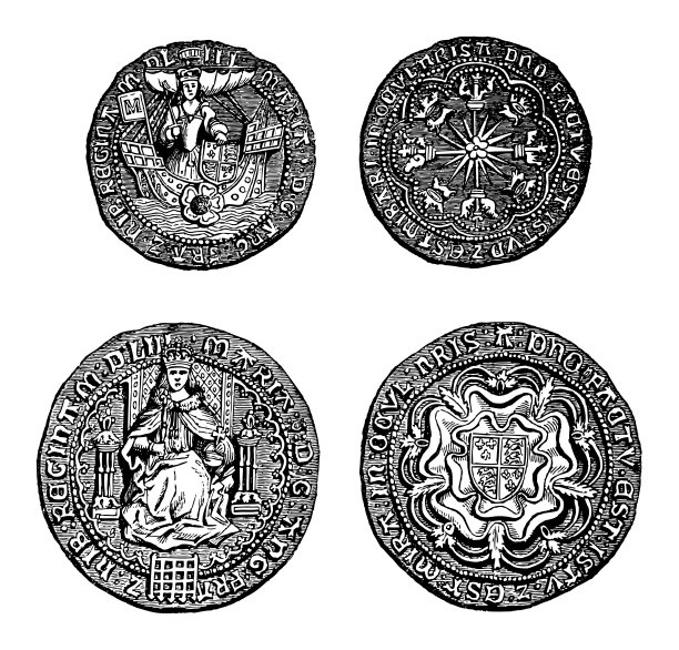 黄金里亚尔和黄金主权硬币玛丽一世-女王的英格兰和西班牙国王菲利普二世的妻子(1553年至1558年)-复古雕刻插图孤立的白色背景图片下载