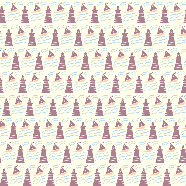 风格化的海洋图案与灯塔，海上船只，波浪。图片下载