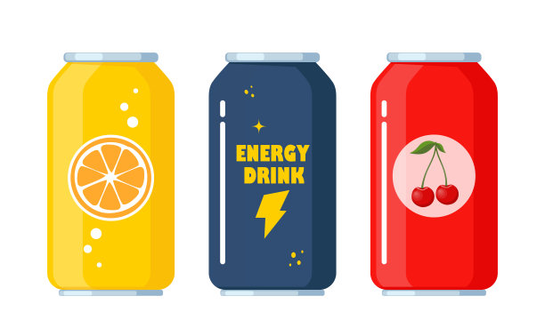 软饮料罐设置。汽水用铝罐装。樱桃、橘子、能量饮料。矢量插图。图片下载