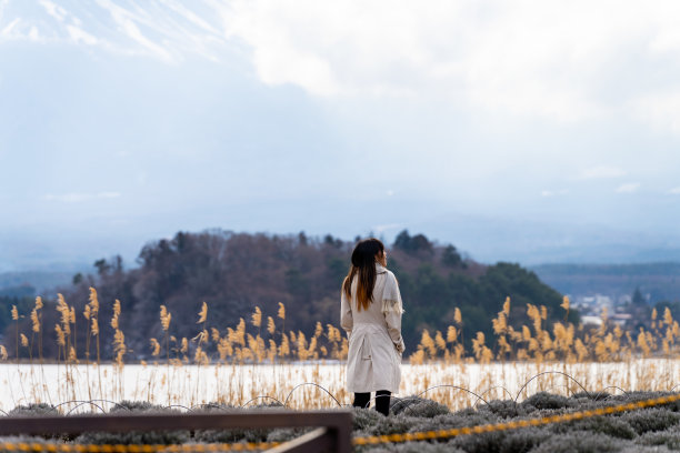 亚洲妇女在冬季游览川口湖和富士山。图片下载