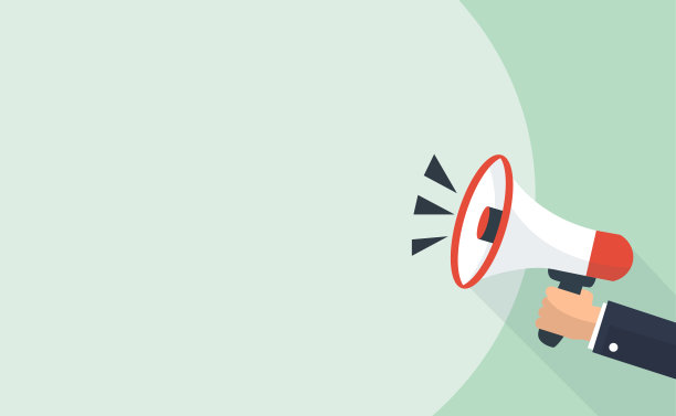 手商人扩音器与复制空间在绿色背景。通过扬声器做广告。平面设计中的矢量插图。图片下载