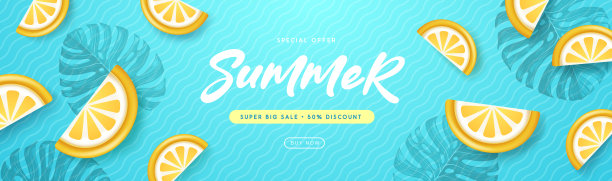 俯视图夏季大销售横幅与热带树叶和柠檬。夏季的背景。矢量图图片下载