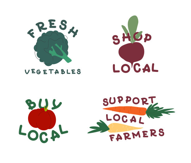 一套生态标签与蔬菜和文字。西兰花，甜菜根，番茄和胡萝卜的平面矢量插图。新鲜蔬菜，本地购物，本地购买，支持当地农民。新鲜农产品概念。图片下载