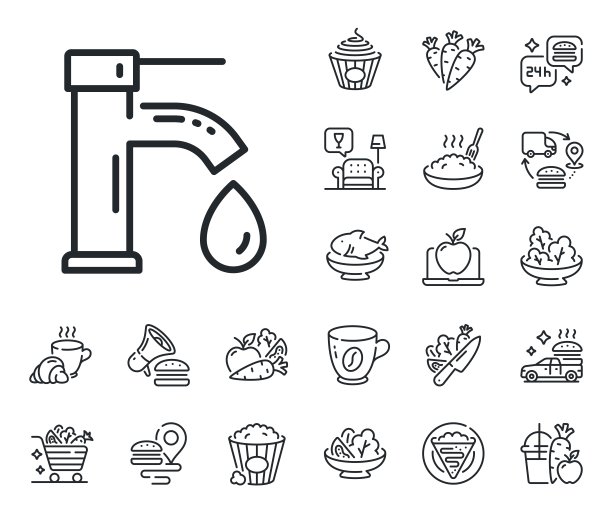 自来水线图标。水龙头与水滴标志。可丽饼、甜爆米花和沙拉。向量图片下载