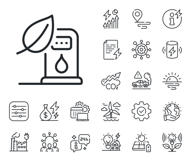 加油站线路图标。加油站加油标志。能源，二氧化碳排放和太阳能电池板。向量图片下载