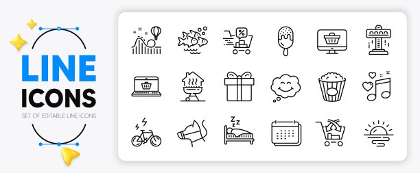 交叉销售，电动自行车和爆米花线图标。用于web应用程序。矢量图片下载