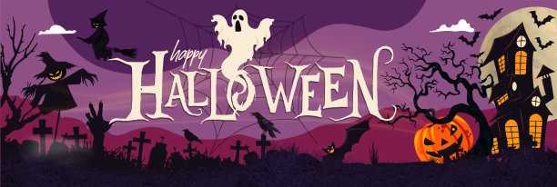 快乐的万圣节派对横幅十月事件，橙紫色的背景和可怕的微笑南瓜，白色的幽灵，飞行的黑色蝙蝠，稻草人，令人毛骨悚然的女巫。万圣节墓地之夜。不给糖就捣蛋。图片下载
