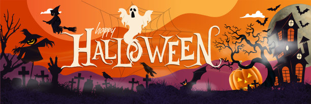 快乐的万圣节派对横幅十月事件，橙紫色的背景和可怕的微笑南瓜，白色的幽灵，飞行的黑色蝙蝠，稻草人，令人毛骨悚然的女巫。万圣节墓地之夜。不给糖就捣蛋。图片下载
