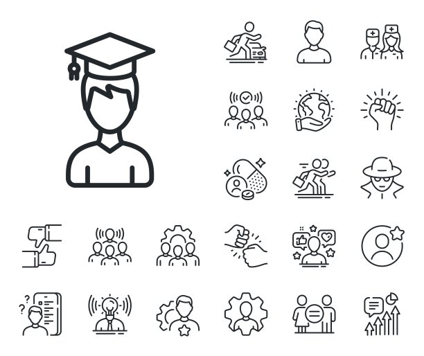 男子毕业帽线图标。教育。专家，医生和工作竞争。向量图片下载