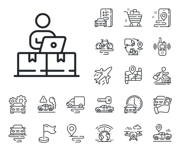 在线存储线图标。互联网交付标志。飞机，供应链和地点。向量图片下载