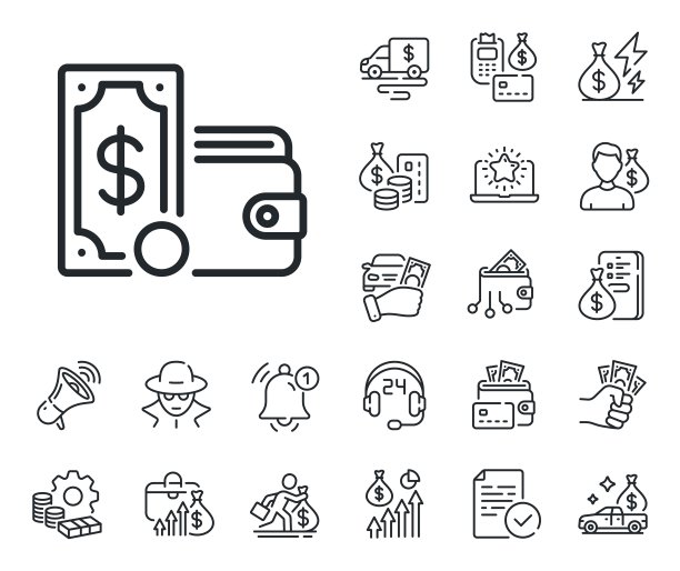 钱包钱线图标。现金硬币标志。现金、贷款和抵押。向量图片下载