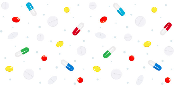 医学无缝图案与明亮的彩色和白色的药丸，药物和维生素在白色的背景图片下载
