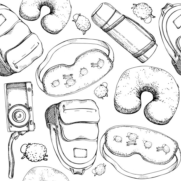 墨水手绘矢量草图。无缝模式。带羊的双肩包睡眠面罩，枕头，旧照相机，保温瓶。设计旅游、旅游、宣传册、婚庆、导游、印刷、名片、纹身。图片下载