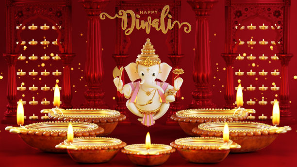 排灯节3D渲染，排灯节，排灯节或排灯节印度与金迪亚在讲台上，图案和彩色背景上的晶体。图片下载