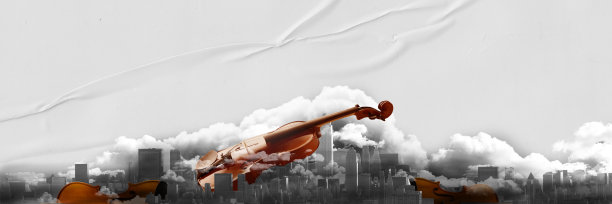 创意设计与小提琴在黑色和白色的城市背景。当代艺术拼贴图片下载