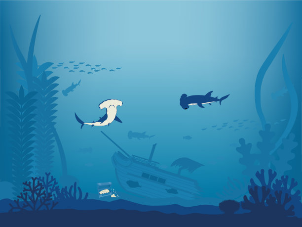 深海沉船和锤鲨的背景材料。图片下载