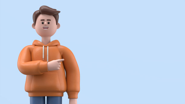 一个面带微笑的亚洲男人Qadir的3D插图给你指路，他的手指指向广告的空白版面。最小的风格。蓝色背景的3D渲染。图片下载