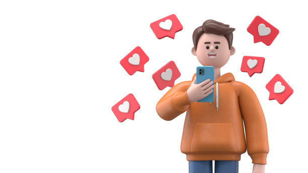 微笑的亚洲男性Qadir手持智能手机的3D插图，白色背景上到处都是通知。白色背景的3D渲染。图片下载