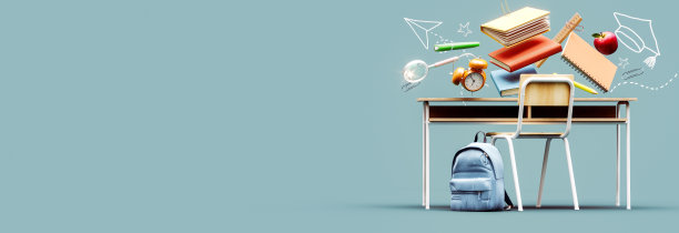 课桌，包和学校配件在蓝色背景与复制空间。图片下载