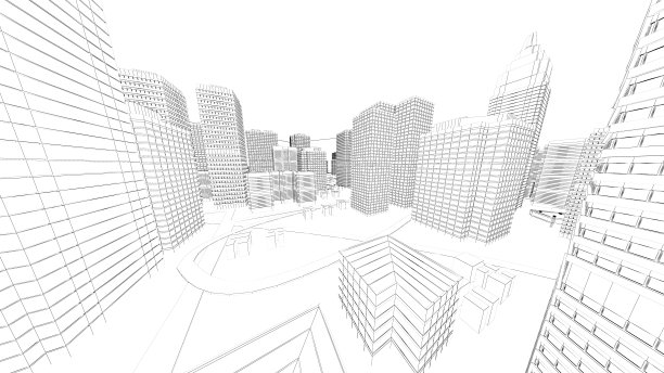 线框城市景观，低多边形城市和建筑，在城市的商业区，一个高大的结构有河流和道路。, 3 d渲染图片下载