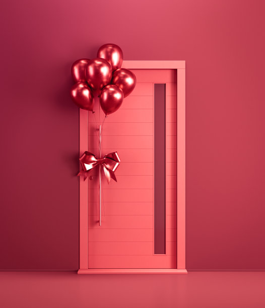 一扇红色的门上面挂着红色的气球。这对刚生了女儿的夫妇家的门。三维渲染图片下载