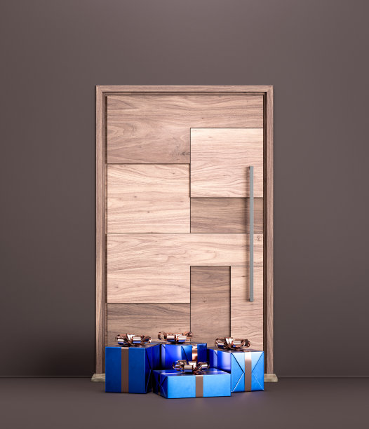 木质钢外门与蓝色礼品盒在前面。木钢房子前门。从外面进入房子的入口。单钢门。三维渲染图片下载