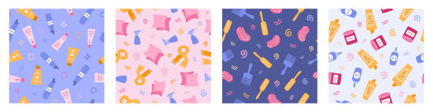 一套简单的无缝图案与化妆品。可爱的印花手绘涂鸦与瓶子的头发卷发例行公事。可爱的墙纸印花织物设计。创作的背景图片下载