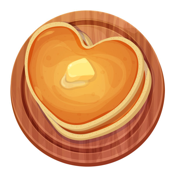 煎饼心形堆叠与黄油顶部视图在木板在卡通风格孤立的白色背景。浪漫的甜点，早餐。矢量图图片下载