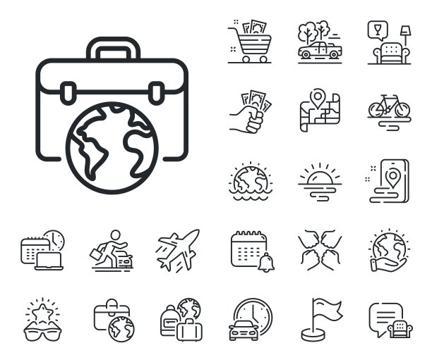 全球业务线图标。商人案标志。飞机、旅行地图和行李领取处。向量图片下载