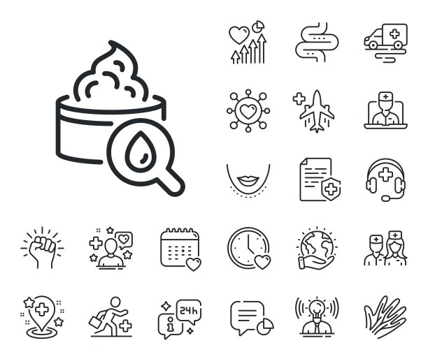 保湿面霜线图标。皮肤护理标志。化妆品乳液。网上医生，病人和药品。向量图片下载