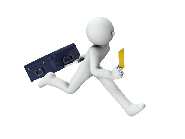 兴奋的旅客离开了。手里拿着贵重的旅行票。大手提箱。跑得太快了。3 d渲染。白色背景。图片下载