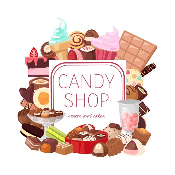 糖果店横幅矢量插图。面包店和糖果，有奶油和浆果水果蛋糕，冰淇淋，巧克力糖果，饼干，饼干，开心果马卡龙。图片下载