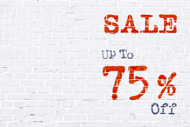 白色的砖墙制作了一个质朴的水平海报，上面写着“出售”，在砖上用红色油漆涂上高达75%的折扣。矢量背景复制空间到消息的左侧高达75% Off图片下载