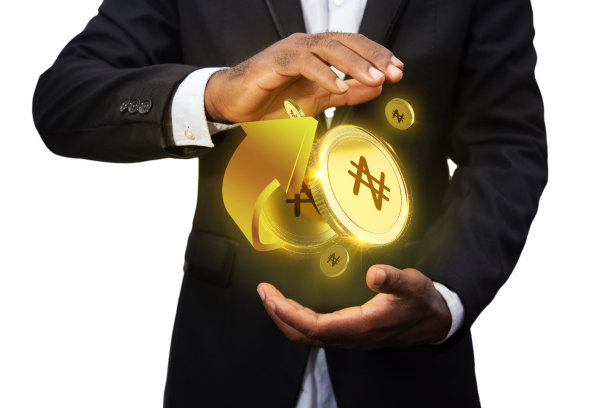 3d渲染尼日利亚奈拉币概念漂浮在商人的手掌，数字货币悬挂在手上。白底全息图在手图片下载