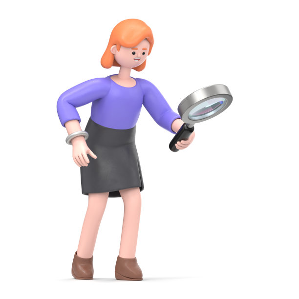 微笑的女商人艾伦通过放大镜寻找信息的3D插图。卡通胡子探索商人拿着放大镜，孤立在白色背景。图片下载