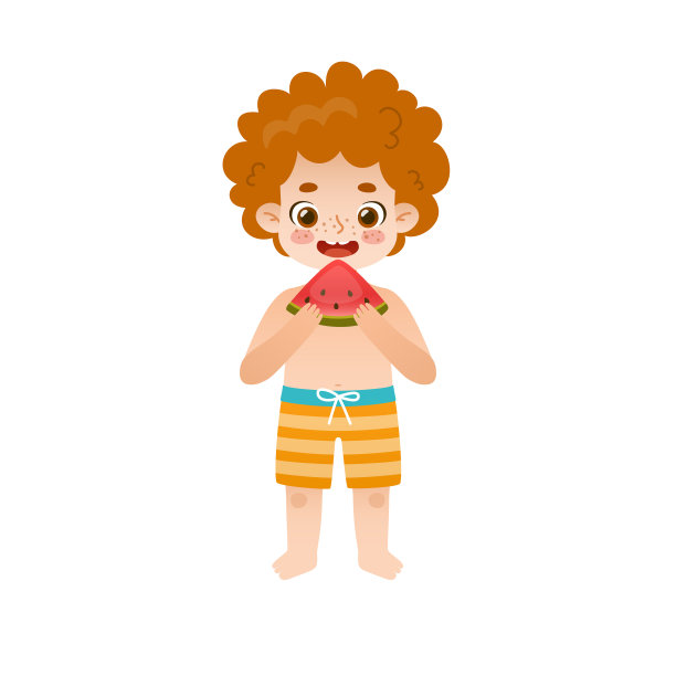 可爱的小男孩在吃西瓜。可爱的孩子，红色卷发，泳装和一片西瓜。图片下载