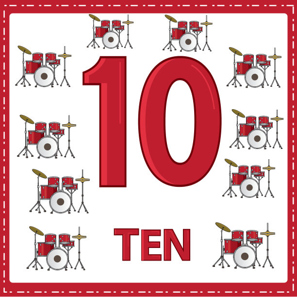 幼儿数字教育插图。为孩子学会了数数字10与10鼓组所示的图片在乐器类别图片下载