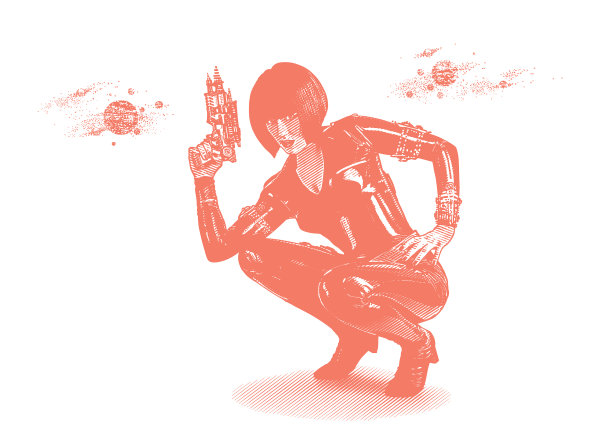 复古风格的科幻女性瞄准射线枪图片下载