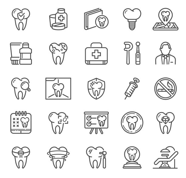 牙科线图标与医生，医疗保健，牙齿和医院标志图片下载