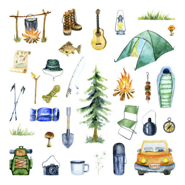 水彩野营套装。徒步旅行装备孤立在白色背景上。图片下载