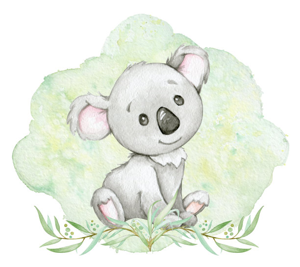 一只考拉坐在绿色的水彩画背景上，还有桉树的树枝，一个卡通风格的水彩画在一个孤立的背景上。图片下载